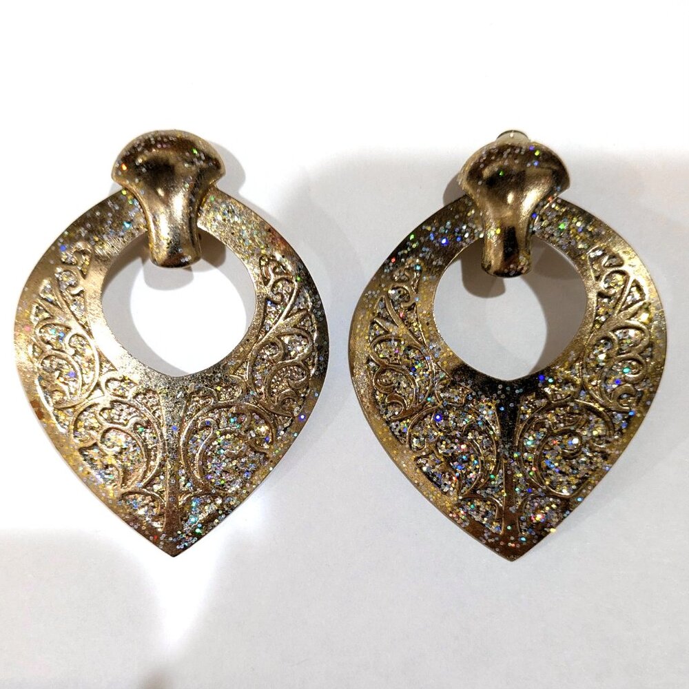 VTG 90s Clip Big Embossed Hoop Earrings Gold Rainbow Glitter Bohemian Festival